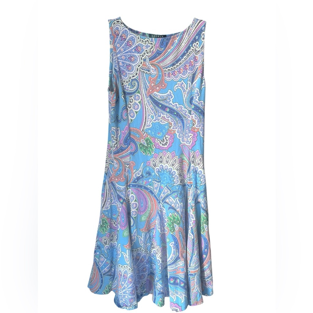 Lauren Ralph Lauren Paisley Dress Blue Fit Flare Knee Length Sz S Stretch